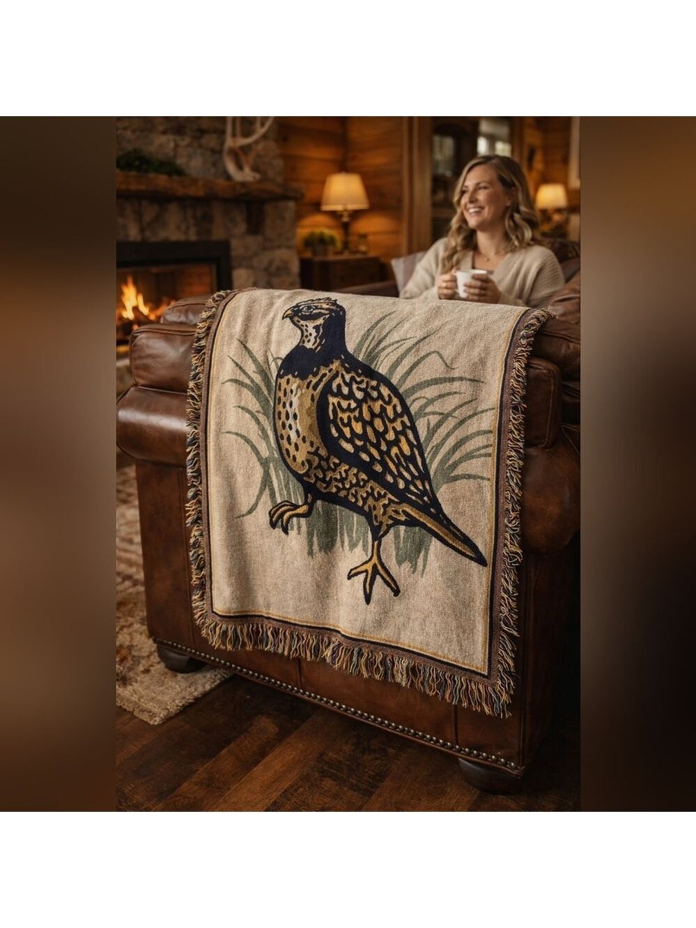 Vintage Quail Bird Tapestry Throw Blanket Fringed Woven Wall Art Rustic Lodge